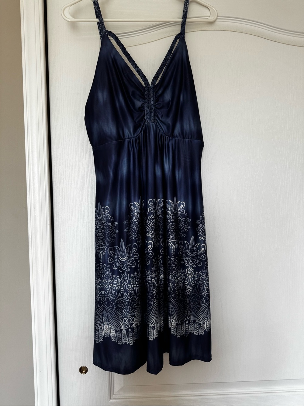 VENUS Navy Midi Dress with White Floral Border and Braided Straps